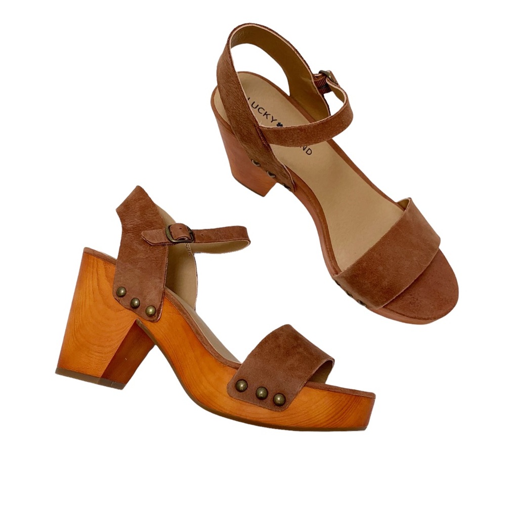 Luck Brand LK-Trisa Heeled Sandals Size 9/40 Leather Upper Brown Wooden Heel - Picture 3 of 12